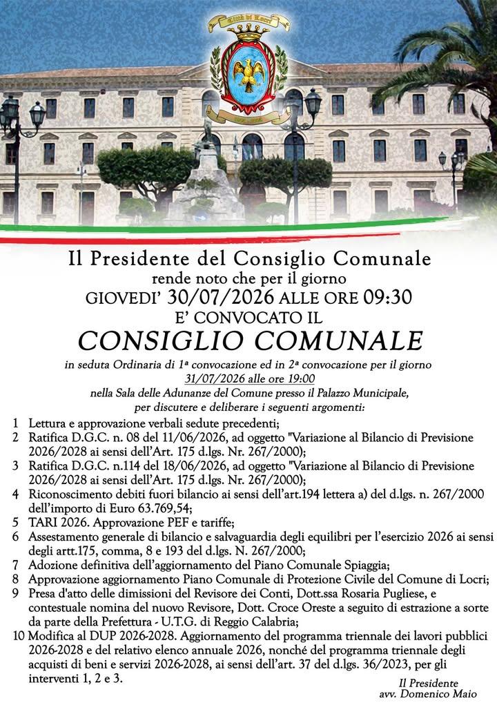 🟢 CONVOCAZIONE CONSIGLIO COMUNALE 🔴 ➡️ Giovedì 3️⃣0️⃣ luglio 2026 ore 09:30 ✅ 10 i punti all'OdG.