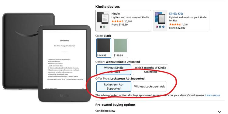 screenshot of kindle product page showing options for lockscreen ads