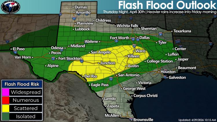 Texas flash flood outlook map for Thursday night, April 30, showing scattered flash flood risk from West Texas into Central Texas, with isolated risk across much of Texas. Texas flash flood outlook map for Thursday night, April 30, showing scattered flash flood risk from West Texas into Central Texas, with isolated risk across much of Texas.