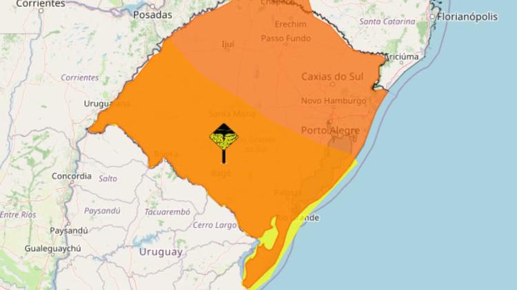 Inmet emite aviso laranja para temporais, granizo e ventos de até 100 km/h no RS