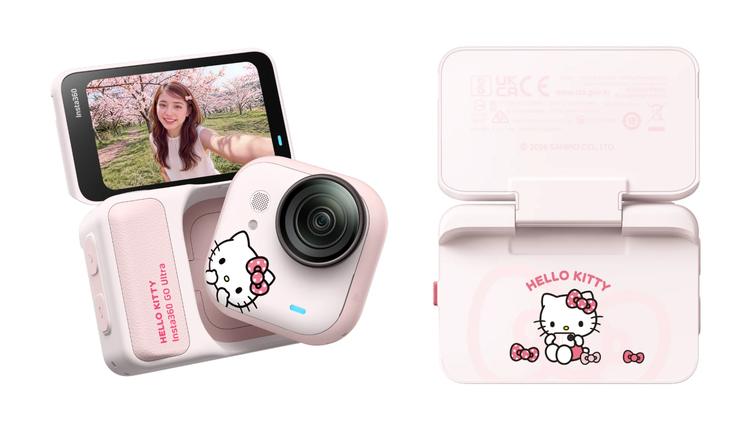 Two Insta360 GO Ultra x Hello Kitty Limited Edition cameras on a white background. On the left, it's coming out of its Action Pod with the screen flipped up. On the right, it's showing the back of the Action Pod with the screen flipped up, with an illustration of Hello Kitty printed on it.