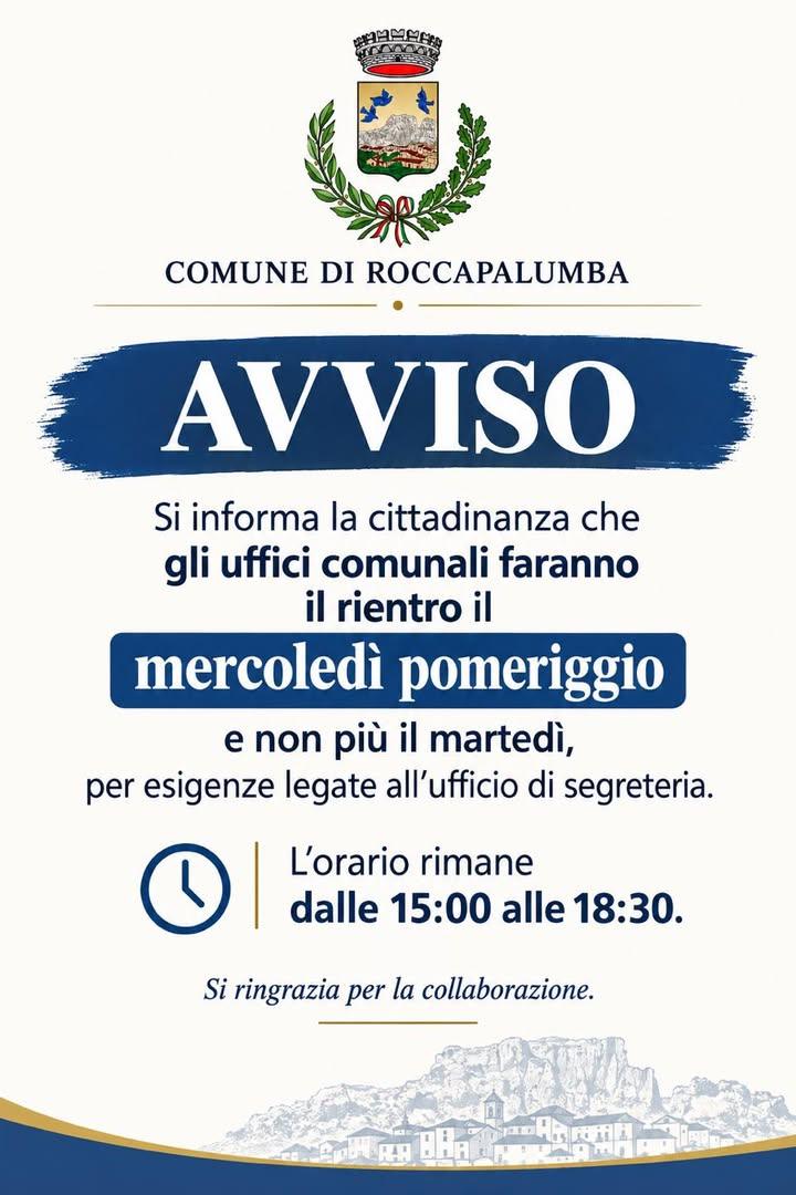 📢 AVVISO ALLA CITTADINANZA 📢 Si informa la cittadinanza che, a partire da questa settimana, il rientro pomeridiano deg...