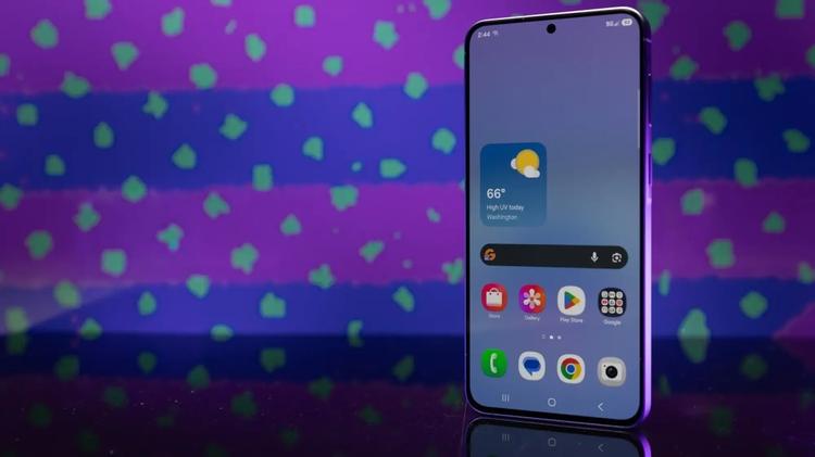 Samsung Galaxy A57 5G against purple background
