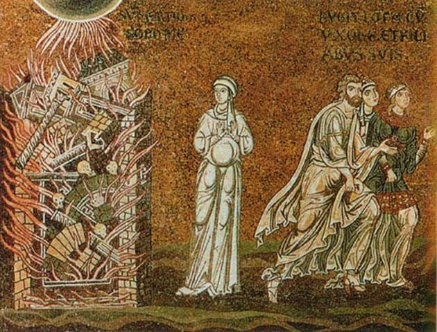 Lot flieht aus Sodom, sizilianisches Mosaik aus dem 12. Jahrhundert. Copyright: Gemeinfrei