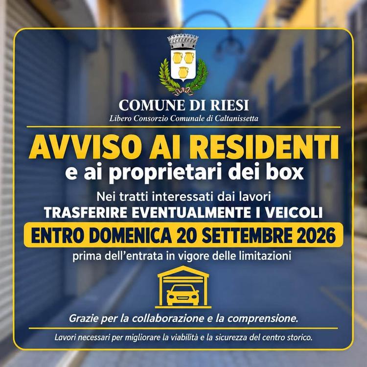 Il Comune di Riesi informa la cittadinanza e, in particolare, i residenti della zona interessata che, con Ordinanza Sind...