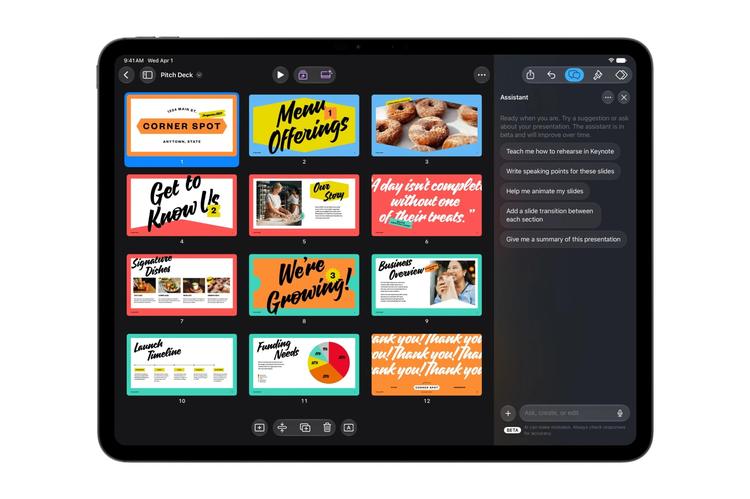 A Keynote Window shows a dozen pitch deck templates, with a chatbot window open on the right side.