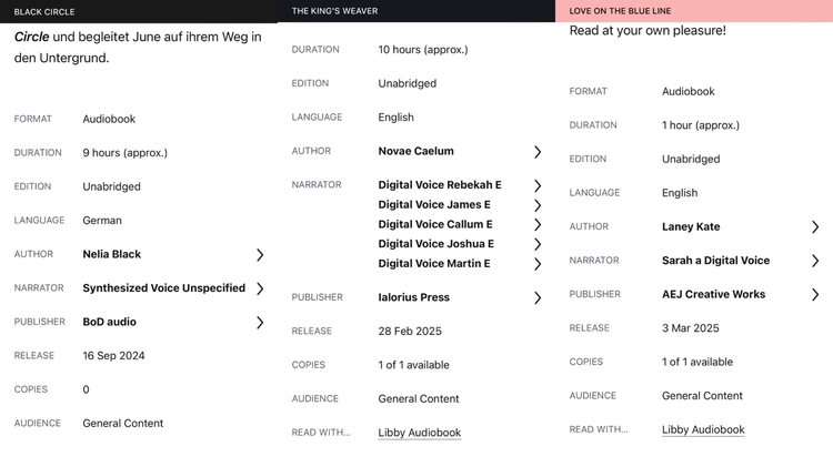 Three screenshots from the Libby app showing books that use AI narration.