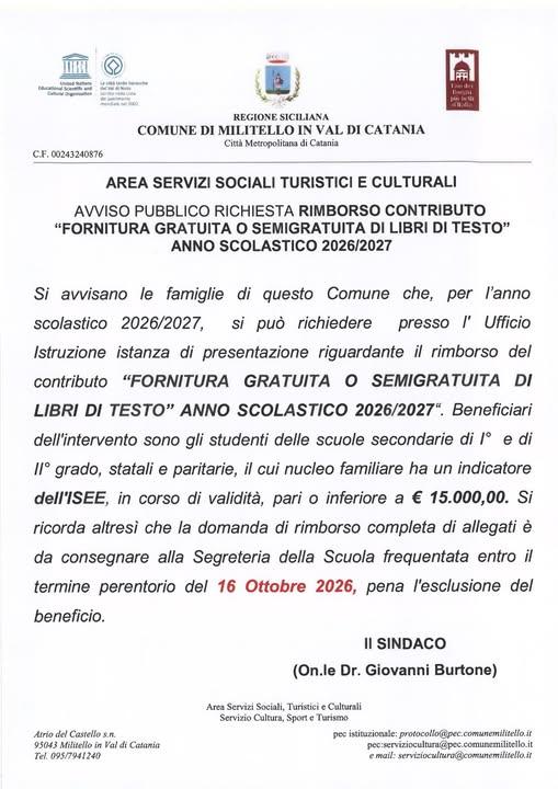 AWISO PUBBLICO  RICHIESTA RIMBORSO CONTRIBUTO FORNITURA GRATUITA O SEMIGRATUITA DI LIBRI DI TESTO'' AN NO SCOLASTICO 202...