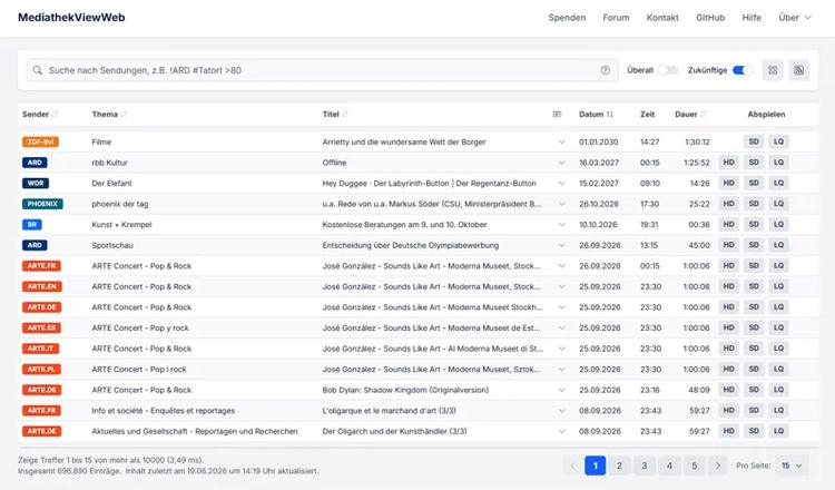 Screenshot der MediathekViewWeb mit Sendungsliste