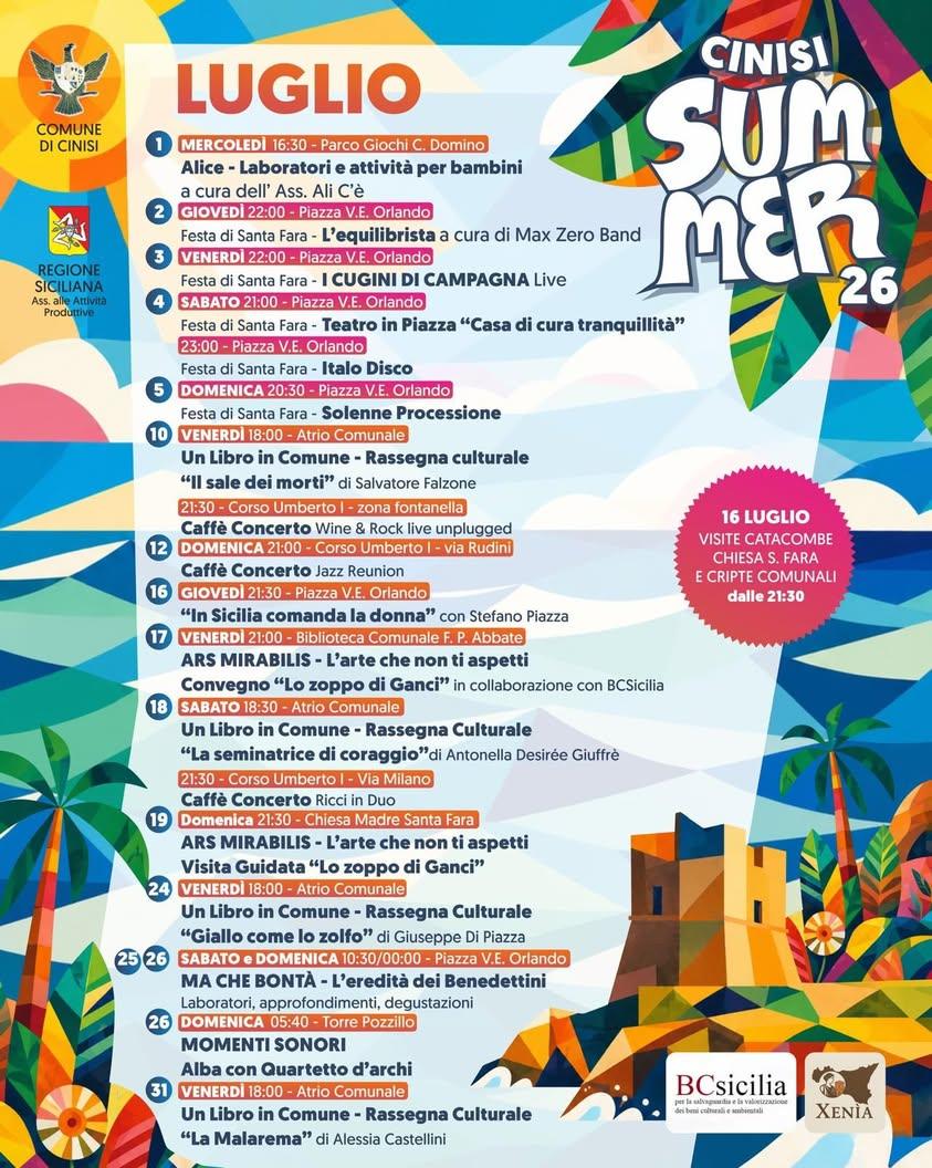 🌞 CINISI SUMMER 2026: UN LUGLIO RICCO DI CULTURA, MUSICA, SPETTACOLO E TRADIZIONI! 🎭🎶📚 Prende ufficialmente il via C...