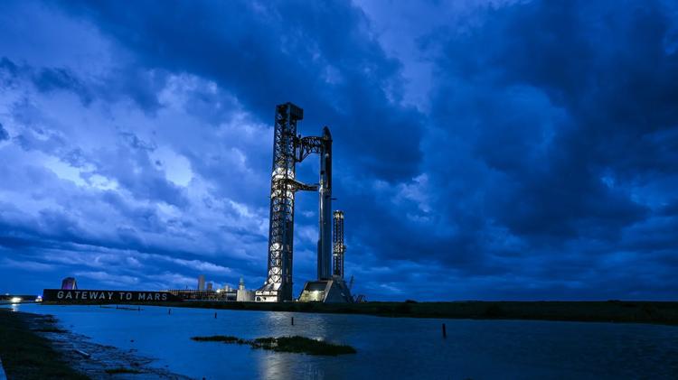Starship spacecraft stand on Orbital Launch Pad 2 at Starbase, Texas on Thursday May 21, 2026.