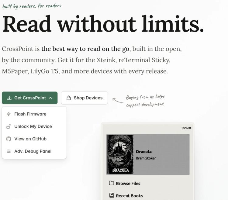 A screenshot of the home page of CrossPoint Reader.