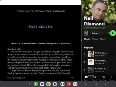 screenshot of spotify neil diamond page and kindle app side by side on phone screen