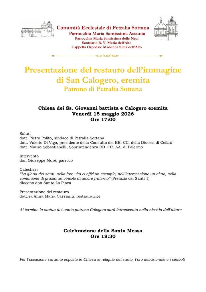 🔸️Presentazione del restauro dell'immagine  di SAN CALOGERO, eremita Patrono di Petralia Sottana🔸️ 🗓 15 MAGGIO 2026 V...