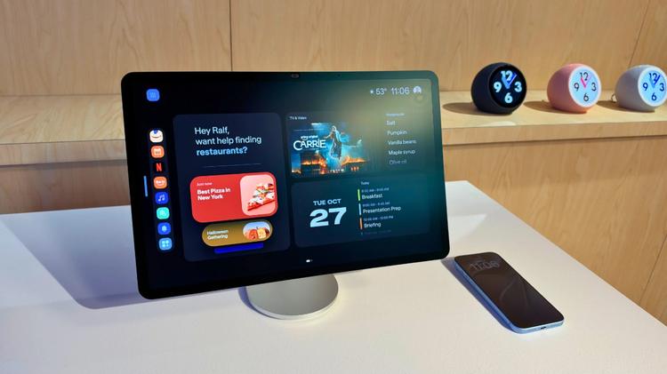 Echo Show 16 on a tabletop open to homescreen