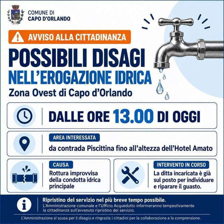 Possibili disagi nell’erogazione idrica nella zona Ovest Rottura improvvisa della condotta principale nel tratto compres...