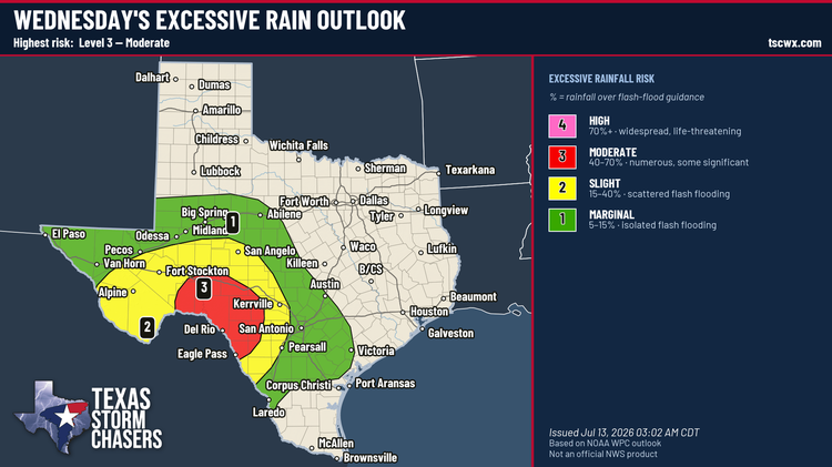 Wednesday excessive rain outlook for Texas showing a Level 3 moderate flash flooding risk from the Hill Country into South-Central Texas.