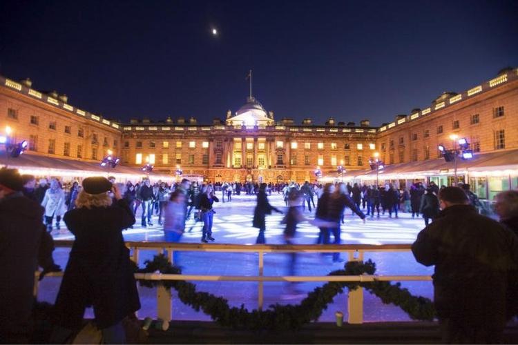 Somerset House ice rink at night in Winter