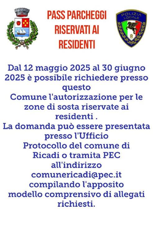 AVVISO -RILASCIO AUTORIZZAZIONI PER LE ZONE DI SOSTA RISERVATE AI RESIDENTI PER LA STAGIONE ESTIVA 2025