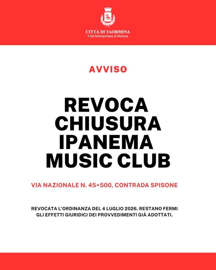Revocata la chiusura dell’Ipanema Music Club Il Comando di Polizia Locale ha revocato la propria ordinanza del 4 luglio...