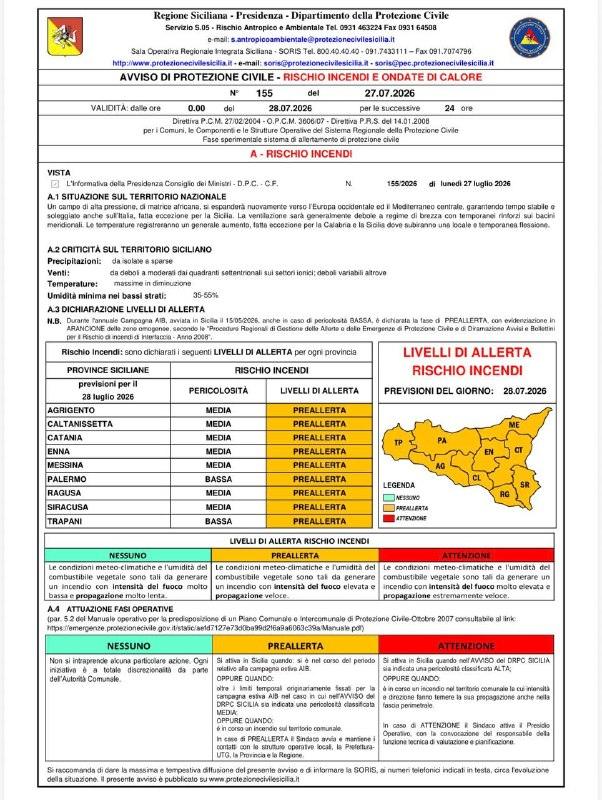 Martedì 28/07/2026, PERICOLOSITA' INCENDI MEDIA nelle Province di AG, CL, CT, EN, ME, RG, SR, PERICOLOSITA' INCENDI BASS...