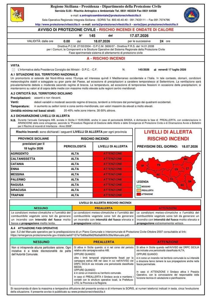 ‼️ALLERTA RISCHIO INCENDI – SABATO 18 LUGLIO Il Dipartimento Regionale della Protezione Civile ha diramato, per la giorn...