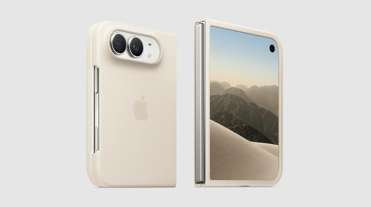 Front and rear views of a folded iPhone Duo in a cream-colored protective case, showing its outer display, hinge, and dual-camera system.