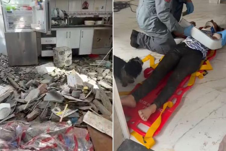 Mulher fica ferida após muro de prédio em construção desabar sobre casa em Praia Grande; VÍDEO