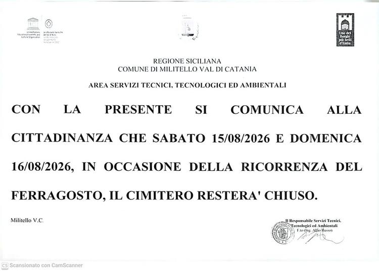 Avviso chiusura Cimitero Comunale nei giirni 15 e 16 Agosto 2026.