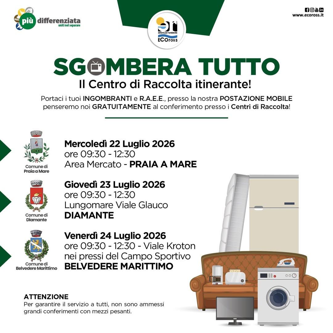♻️ “Sgombera Tutto” torna a Diamante Giovedì 23 luglio, dalle ore 9:30 alle 12:30, sul Lungomare di Viale Glauco, sarà a...