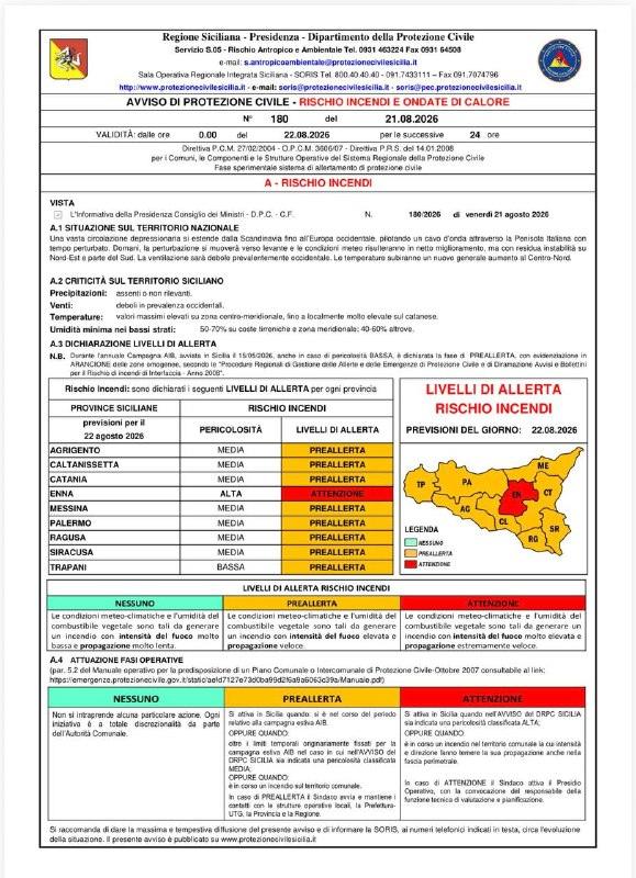 Sabato 22/08/2026, PERICOLOSITA' INCENDI ALTA SU EN, con dichiarato livello di ATTENZIONE RISCHIO INCENDI. PERICOLOSITA'...