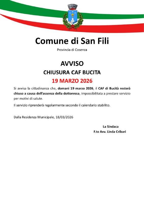 𝐀𝐯𝐯𝐢𝐬𝐨 - 𝐂𝐡𝐢𝐮𝐬𝐮𝐫𝐚 𝐂𝐀𝐅 𝐁𝐮𝐜𝐢𝐭𝐚 📍 martedì 19 marzo 2026