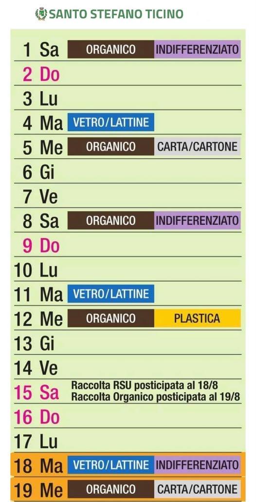 ♻️ VARIAZIONE RACCOLTA RIFIUTI – FERRAGOSTO Si ricorda che, come previsto dal calendario, le raccolte di sabato 15 agost...
