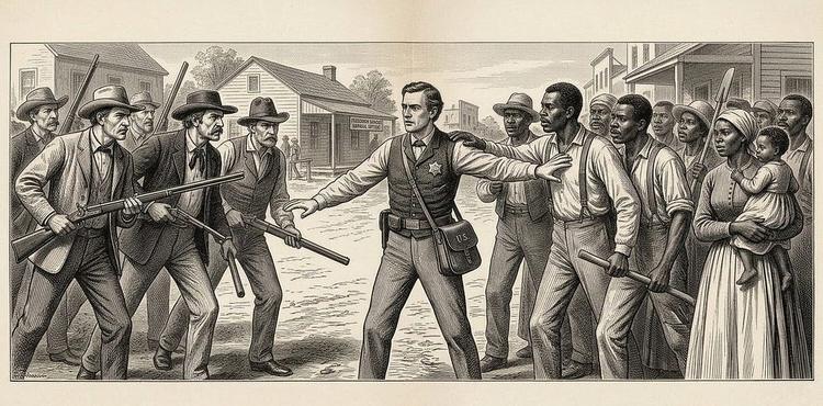 Alfred Waud’s 1868 Harper’s Weekly engraving of a Freedmen’s Bureau agent standing between an armed group of white planters on one side and formerly enslaved African Americans on the other.