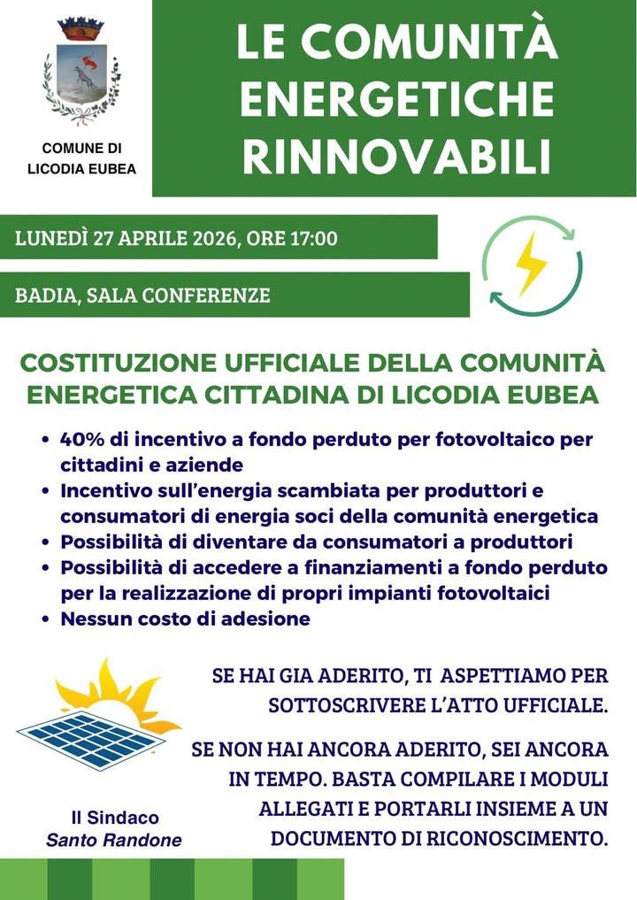 🌱 𝐍𝐚𝐬𝐜𝐞 𝐥𝐚 𝐂𝐨𝐦𝐮𝐧𝐢𝐭𝐚̀ 𝐄𝐧𝐞𝐫𝐠𝐞𝐭𝐢𝐜𝐚 𝐑𝐢𝐧𝐧𝐨𝐯𝐚𝐛𝐢𝐥𝐞 𝐝𝐢 𝐋𝐢𝐜𝐨𝐝𝐢𝐚 𝐄𝐮𝐛𝐞𝐚! Il Comu...