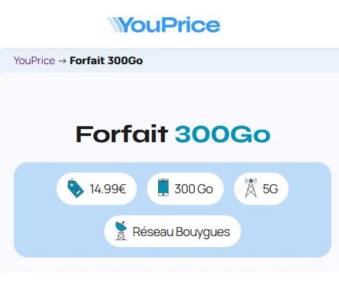 🔖 Youprice (Bouygues), forfait 5G illimité/300Go à 15€/mois