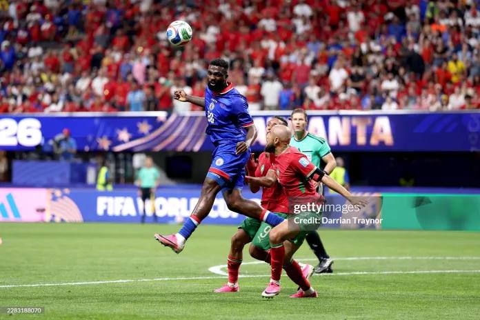 ean-Kevin Duverne #22 of Haiti wins a header during the FIFA World Cup 2026 Group C match between Morocco and Haiti at Atlanta Stadium on June 24, 2026 in Atlanta, Georgia.