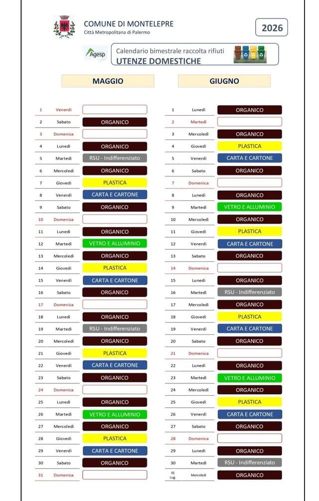 Calendario differenziata Maggio- Giugno.