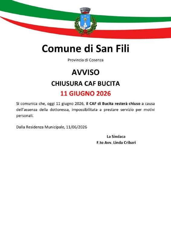 𝐀𝐯𝐯𝐢𝐬𝐨 - 𝐂𝐡𝐢𝐮𝐬𝐮𝐫𝐚 𝐂𝐀𝐅 𝐁𝐮𝐜𝐢𝐭𝐚 📍 giovedì 11 giugno 2026