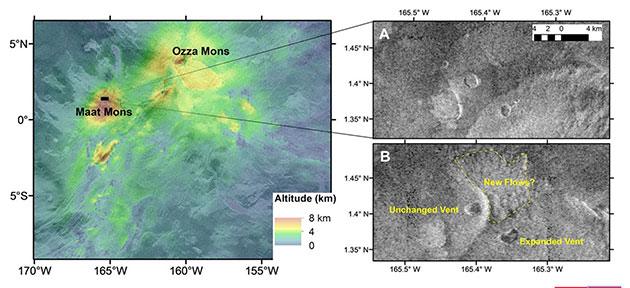 Radaraufnahmen der Magellan-Mission zeigen veränderte Geländestrukturen eines Vulkanschlots nahe Maat Mons (l.) zwischen Februar (o.r.) und Oktober (u.r.) 1991.Copyright: Herrick/UAF