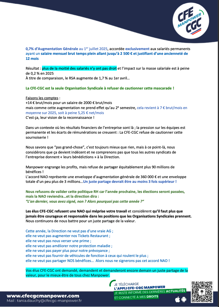 NAO 2025 = Négociation Annuelle Obligatoire sur nos rémunérations…pourquoi voter CFE-CGC?
