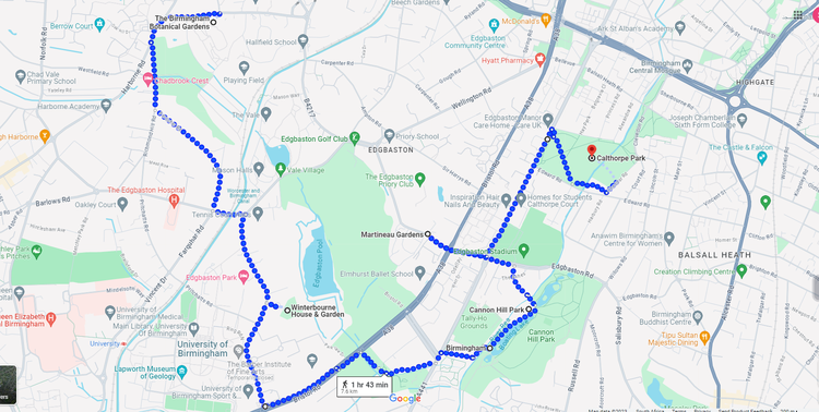 Route overview of the 7.5km Fresh Birmingham Parks Walk