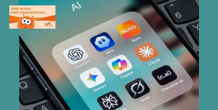  Apps von KI-Anwendungen auf einem Smartphone angezeigt: ChatGPT, Sora, Suno, Gemini, Copilot, Claude, Grok
