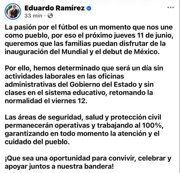 Suspenderán clases y labores por inauguración del Mundial 2026