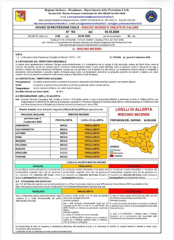 Venerdì 04/09/2026, PERICOLOSITA' INCENDI MEDIA sulle province di AG, CL, CT, EN, ME, PA eTP con dichiarato livello di P...