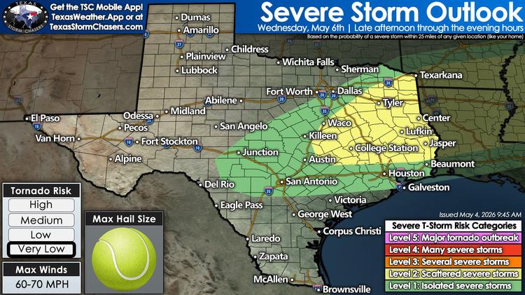 Texas severe storm outlook map for Wednesday, May 6, showing scattered severe storm risk from Central Texas into East and Southeast Texas, including Austin, Houston, and surrounding areas.