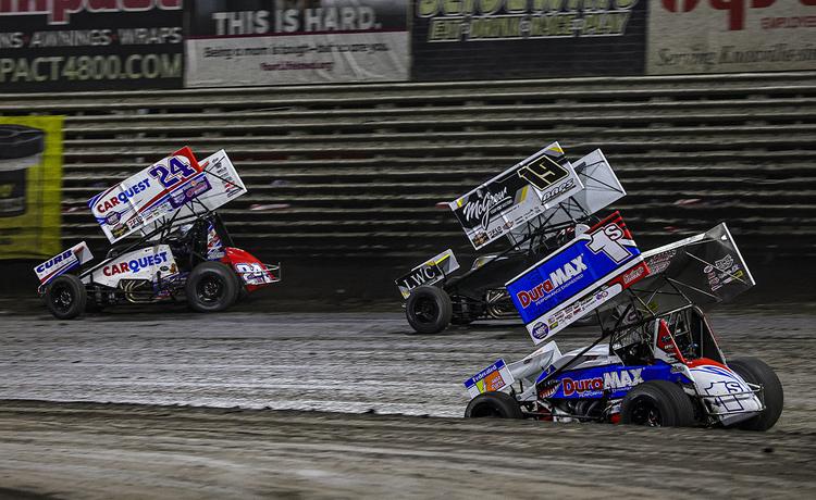 Rico Abreu, Brent Marks, and Logan Schuchart racing at Knoxville Raceway