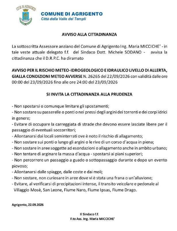AVVISO PER IL RISCHIO METEO-IDROGEOLOGICO E IDRAULICO LIVELLO DI ALLERTA, GIALLA CONDIZIONI METEO AVVERSE (leggi l’avvis...