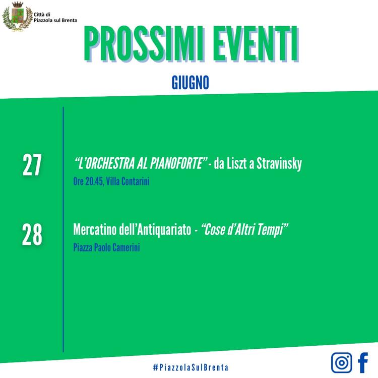 🗓️ Gli eventi di quest’ultima settimana di Giugno a📍Piazzola sul Brenta! #musica #villacontarini #mercatinodell’antiqu...