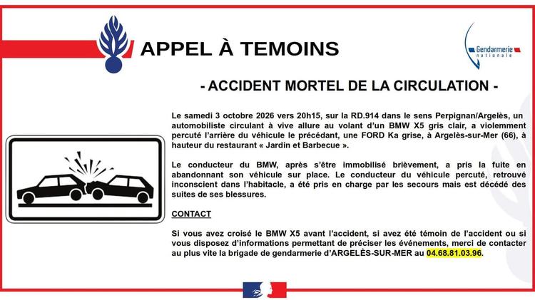 Pyrénées-Orientales : appel à témoins suite à un accident mortel de la circulation